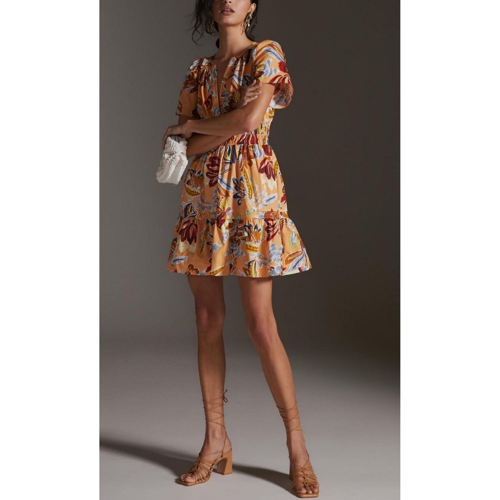 Anthropologie Somerset Mini Dress Yellow Floral Smocked Waist Size 1X‎